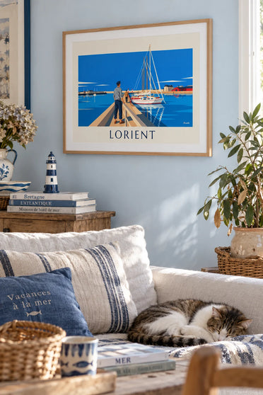 Sailor in a striped Breton shirt and sailboats at the port of Lorient poster: framed on the wall