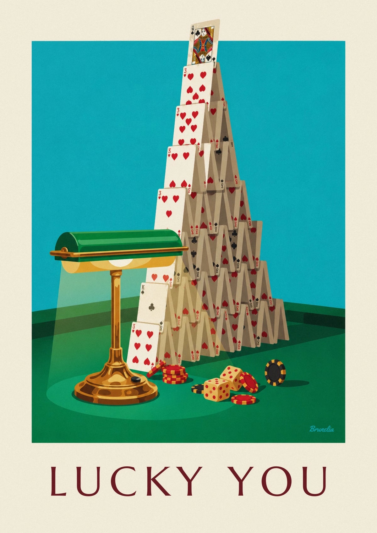 Poster castello di carte e regina incoronata su un tappeto da casinò