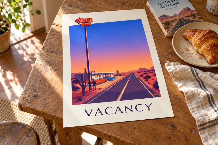 Affiche enseigne néon d'un motel au bord d'une route du désert : posée sur une table