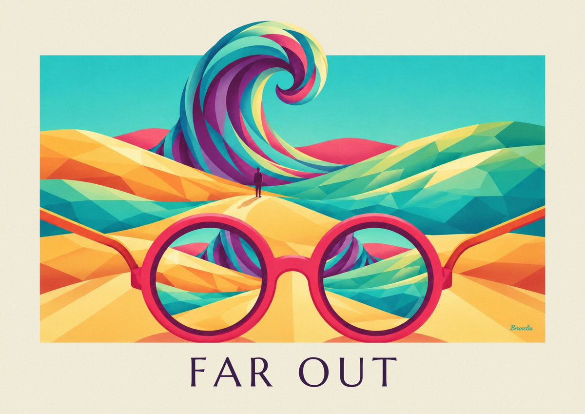 Psychedelic sunglasses and cosmic landscape poster