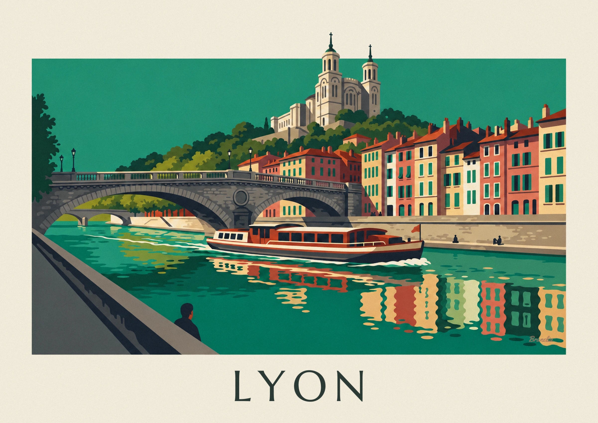 Le bateau rouge et crème sous le pont de pierre, avec la basilique en haut de la colline