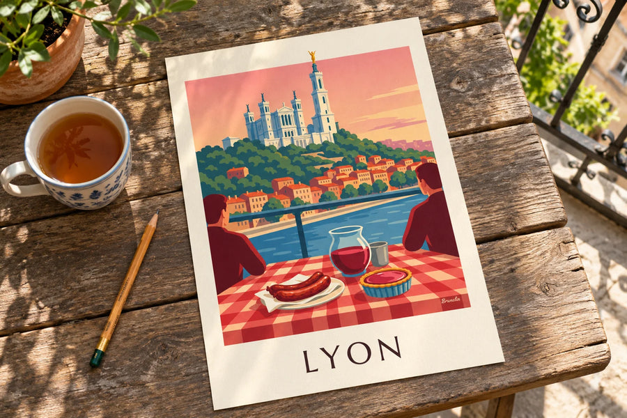 Poster Bouchon Lyonnais mit Blick auf die Saône und Fourvière: auf einem Tisch stehend
