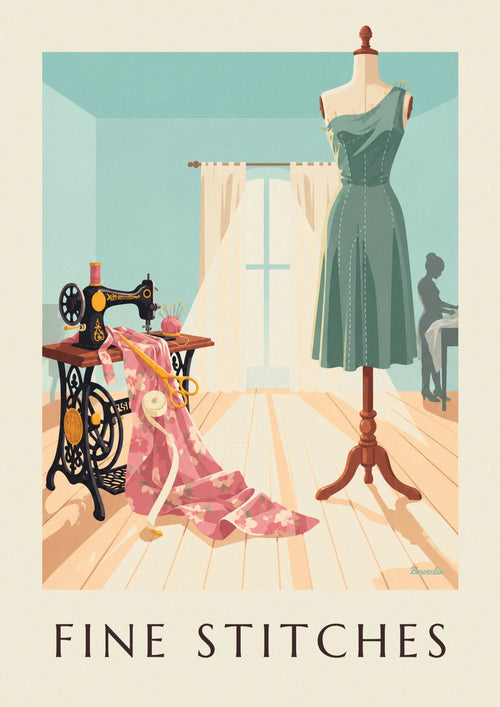 Affiche machine à coudre devant la fenêtre de l'atelier : l'affiche entière
