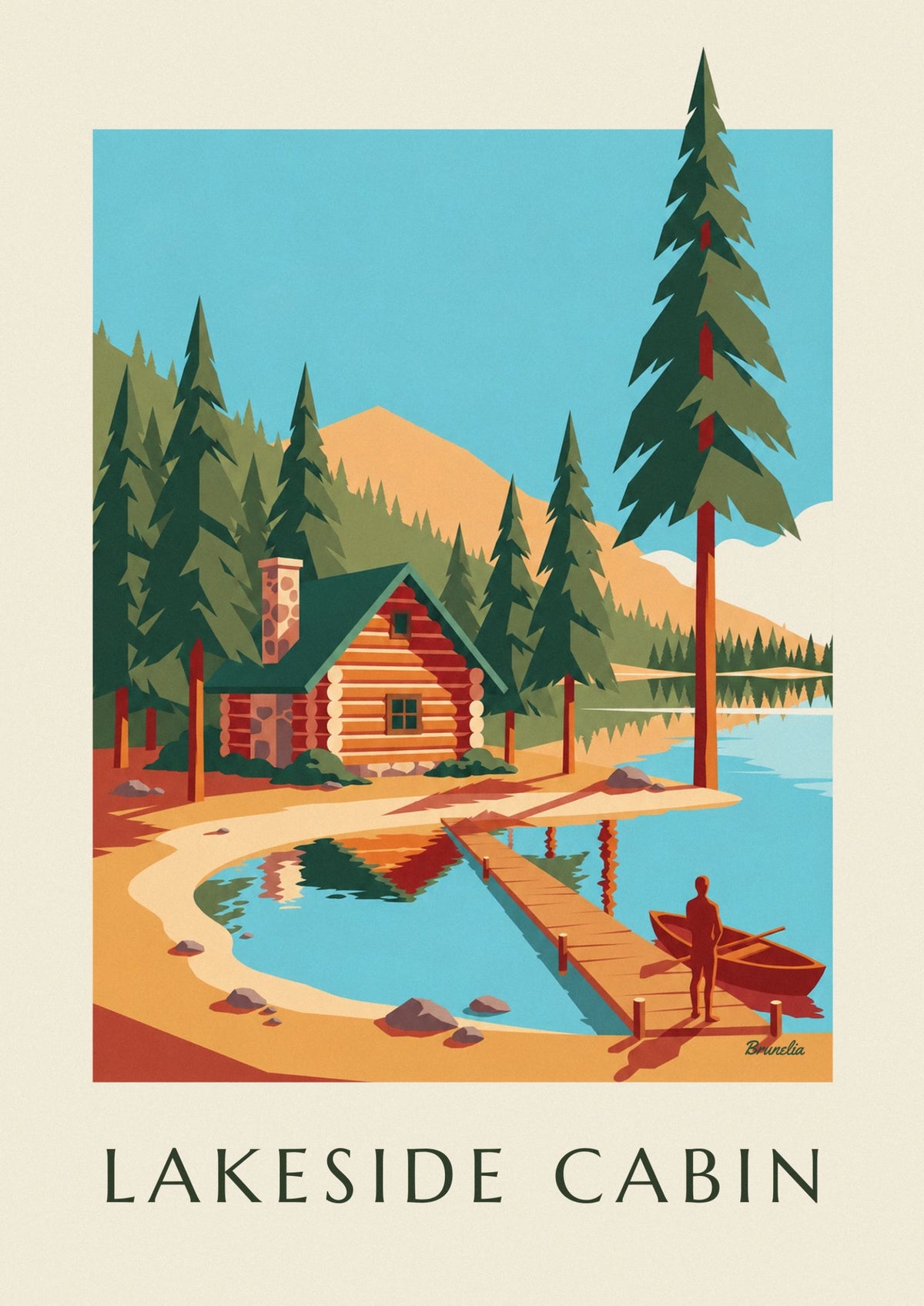 Affiche cabane en rondins au bord d’un lac de montagne