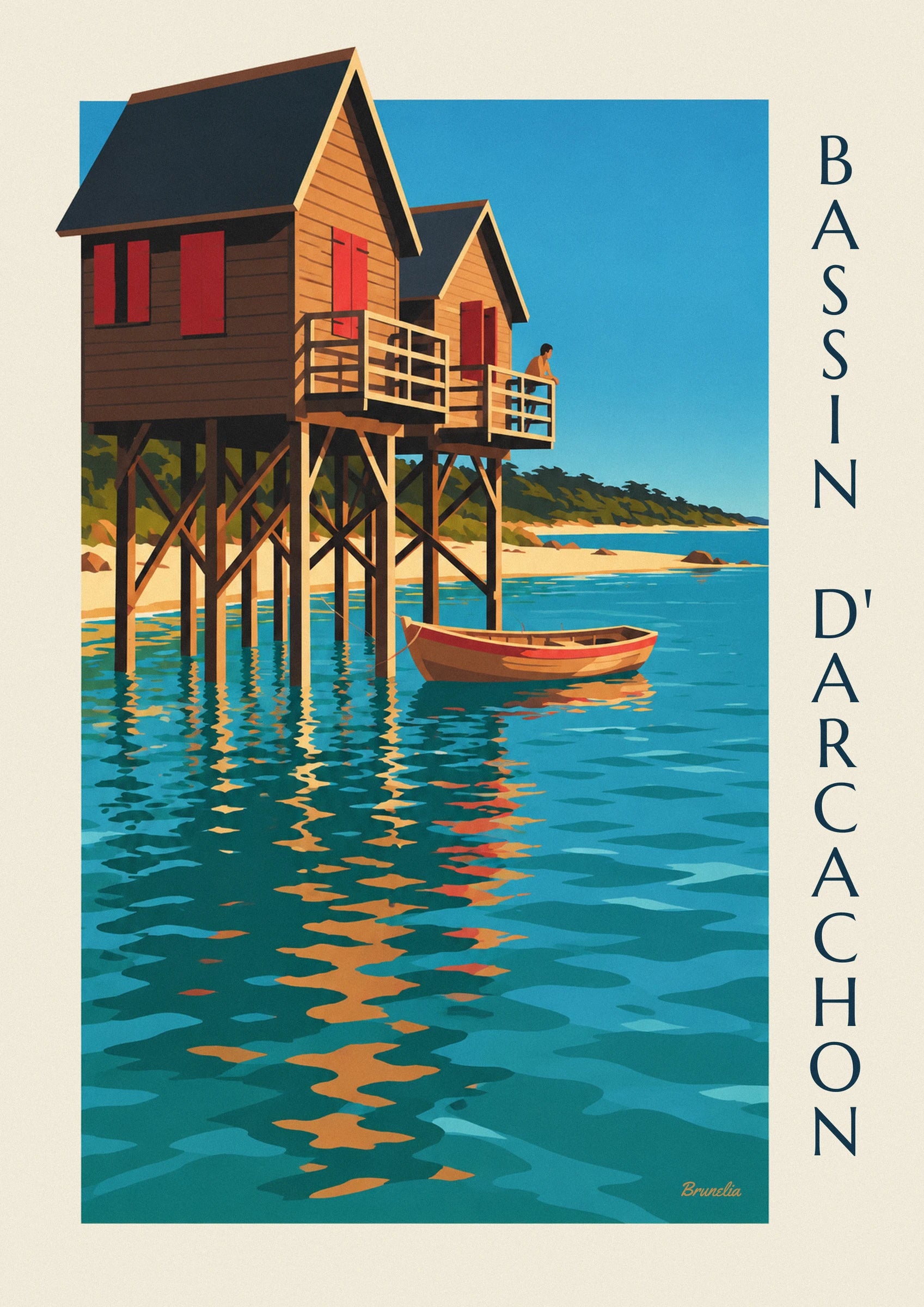 Poster capanne su palafitte del bacino di Arcachon al crepuscolo: dettaglio in primo piano