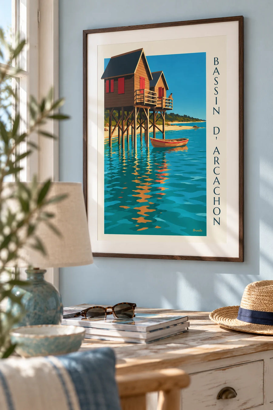 Affiche cabanes tchanquées du bassin d’Arcachon au crépuscule : encadrée au mur