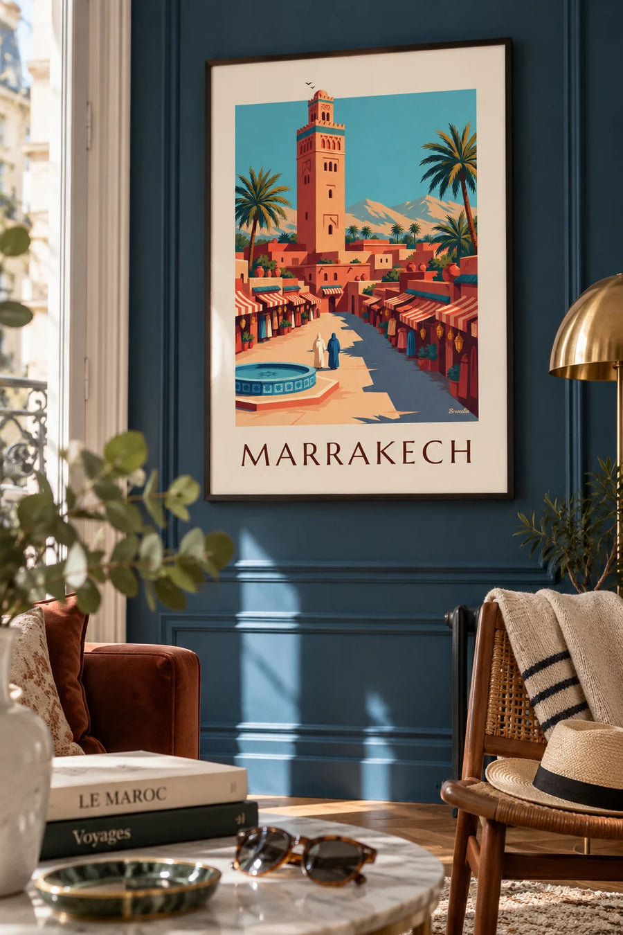Poster of the Marrakech medina and the Koutoubia minaret: framed on the wall