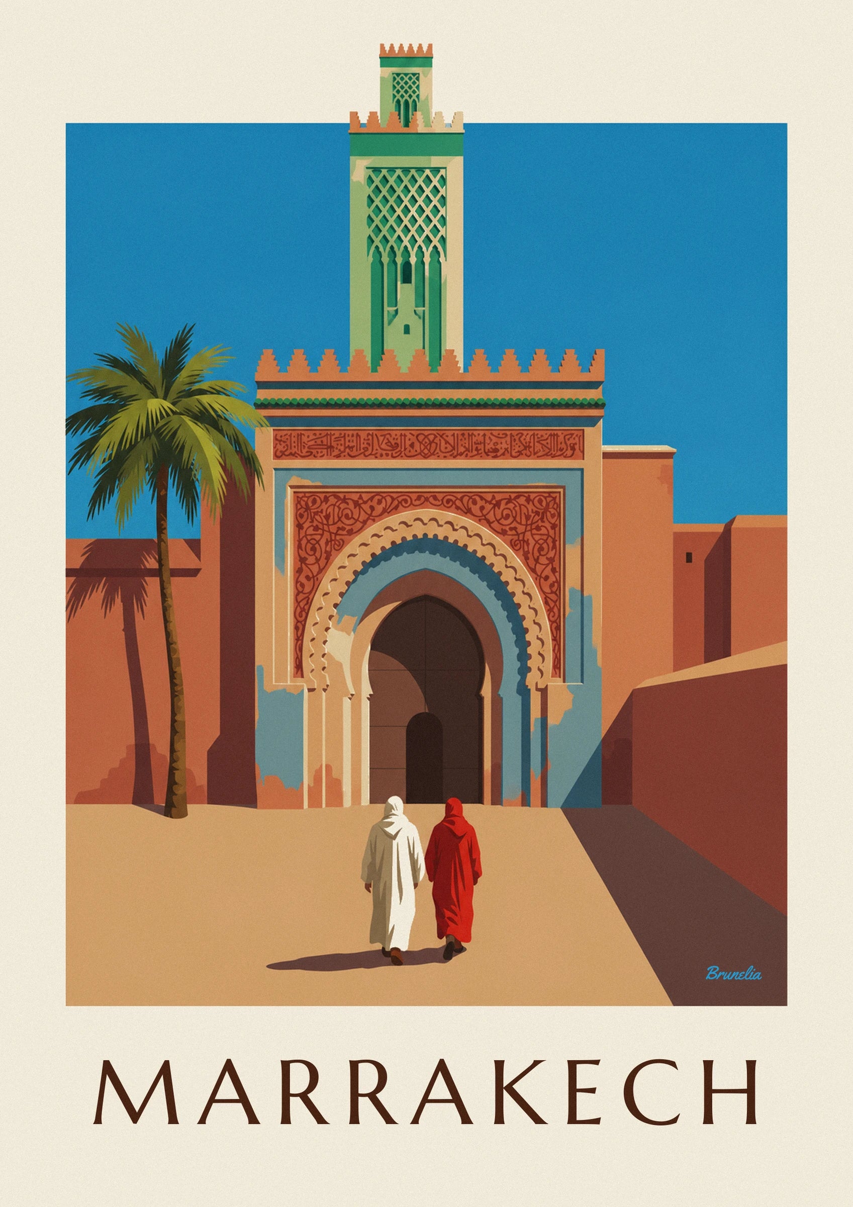 Affiche porte Bab Agnaou et minaret à Marrakech : détail en gros plan