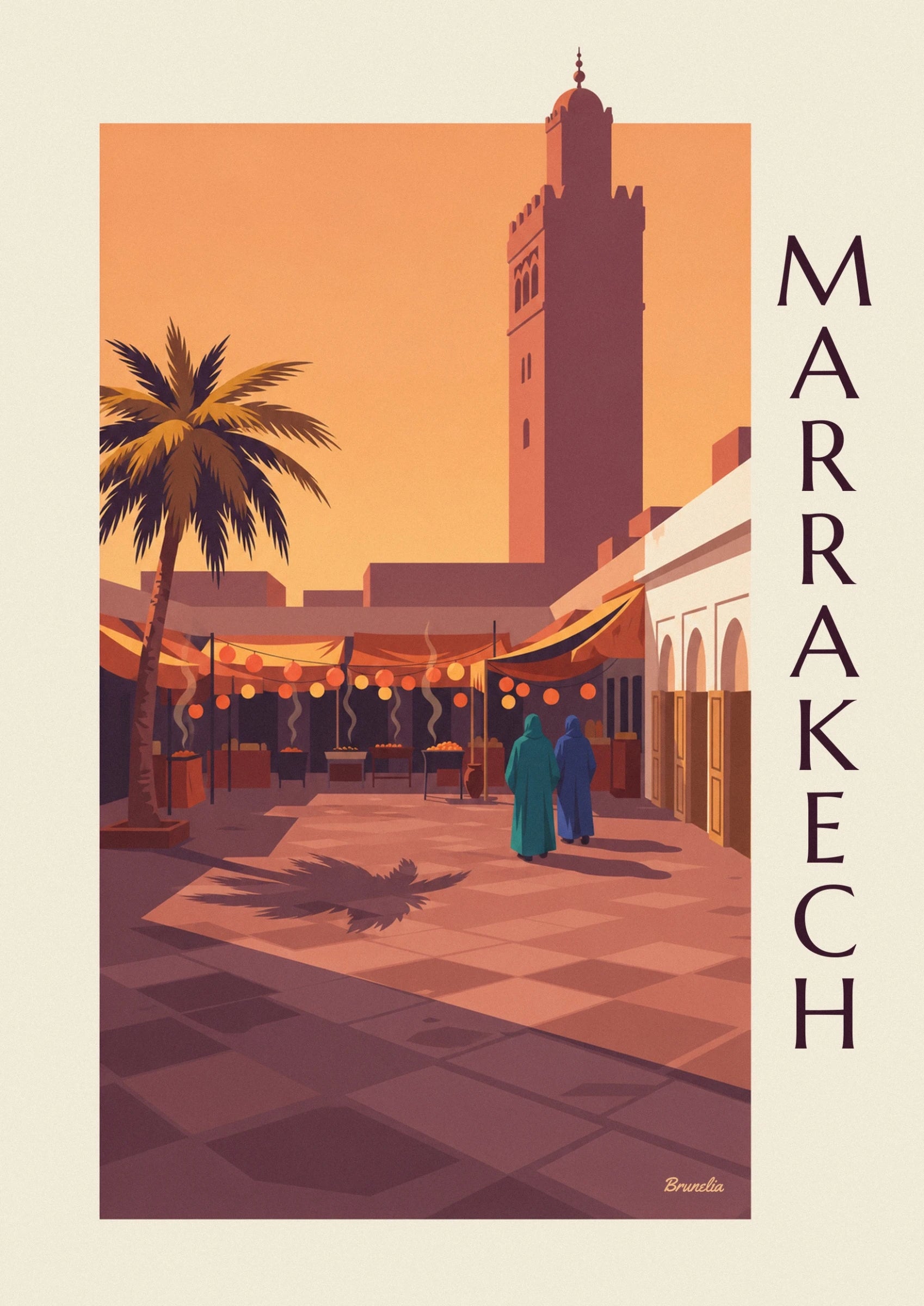 The tall ochre tower with arched windows against the orange sky of Marrakech