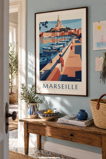 Poster of Notre-Dame de la Garde and rowboats on the Old Port quay in Marseille: framed on the wall