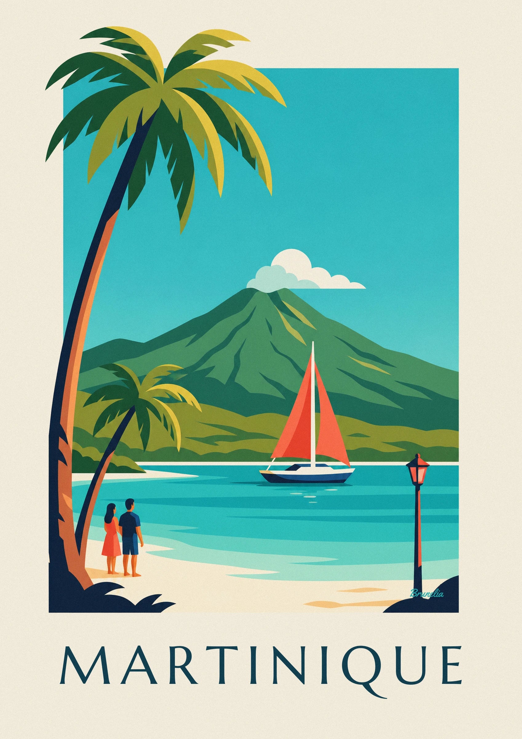 Affiche voilier dans une anse de Martinique et montagne Pelée : détail en gros plan