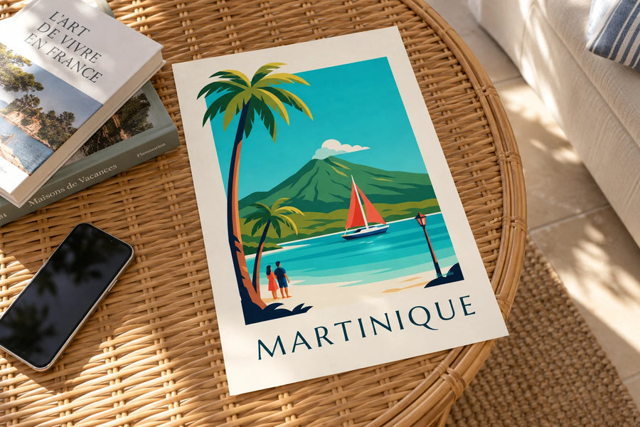 Affiche voilier dans une anse de Martinique et montagne Pelée : posée sur une table