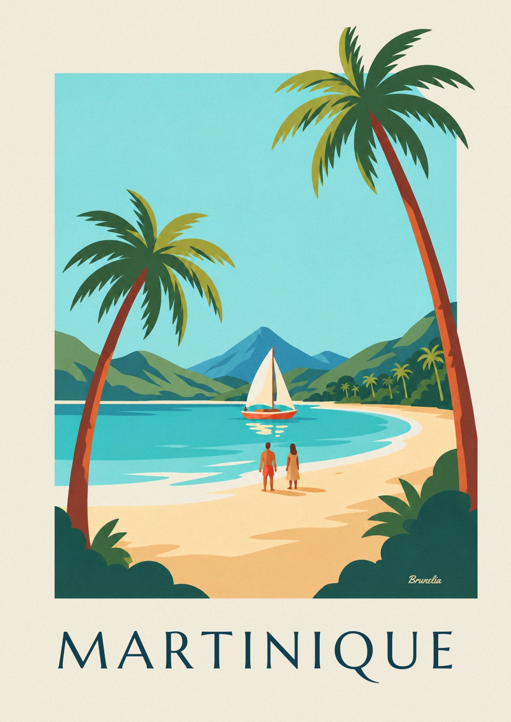 The sailing boat with an orange hull in the cove, and the couple on the beach facing the mountain