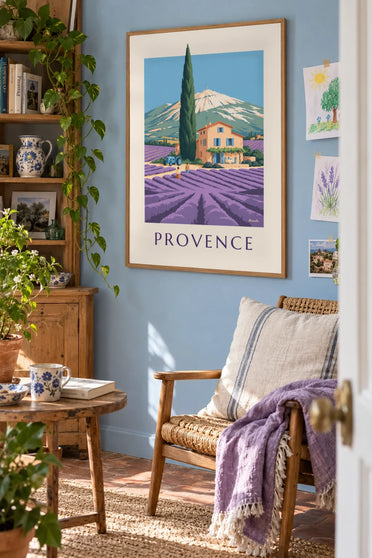 Affiche mas provençal dans les champs de lavande : encadrée au mur