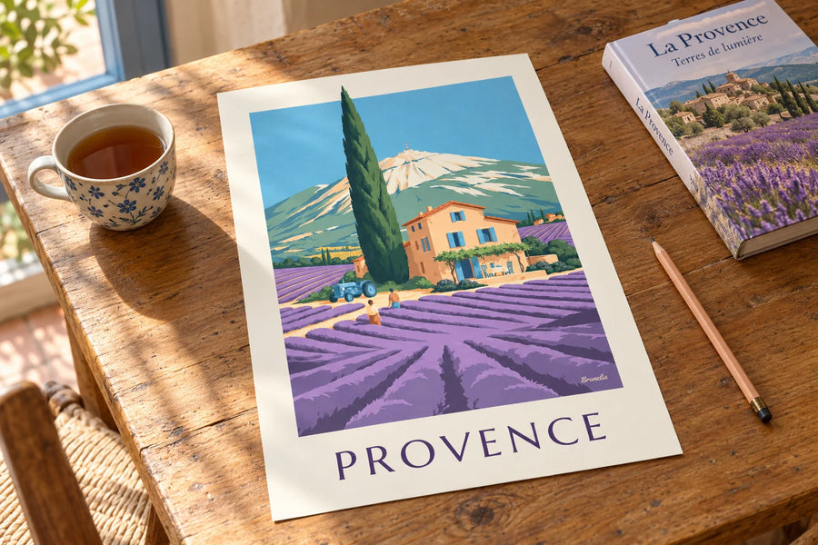Poster mas provenzale tra i campi di lavanda: appoggiato su un tavolo