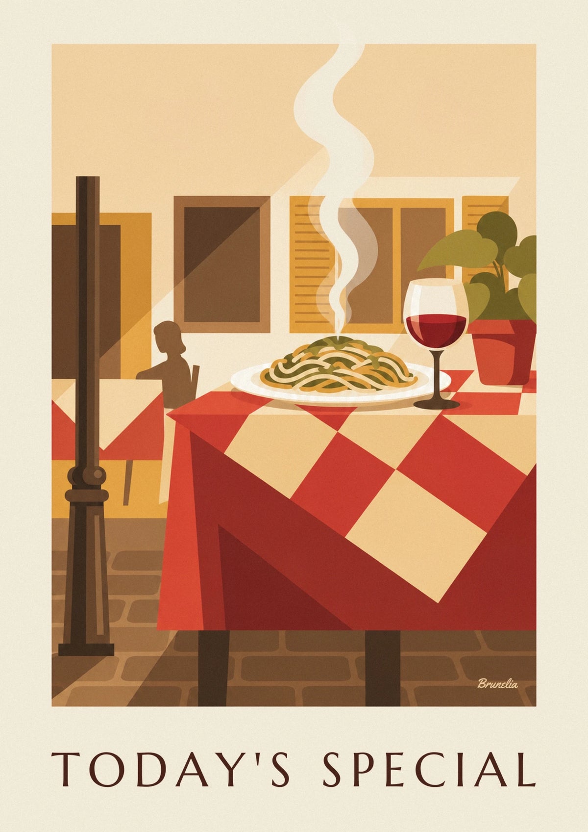 Affiche table de terrasse avec spaghettis et verre de vin rouge