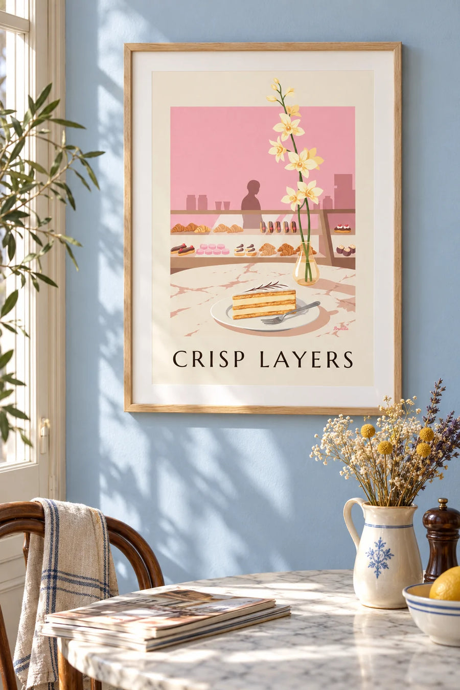 Poster Stück Vanille-Millefeuille in der Patisserie: gerahmt an der Wand