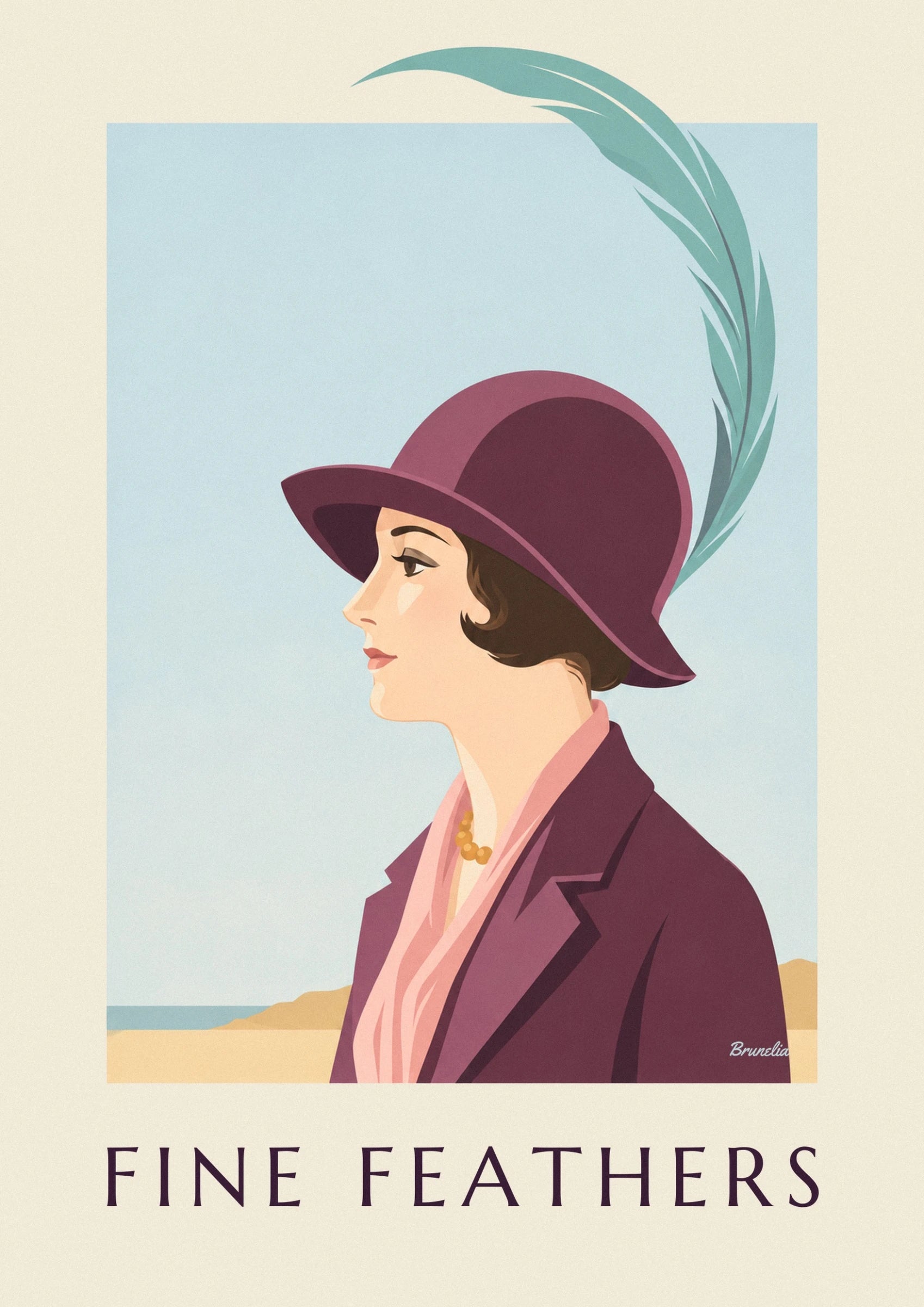 Elegant woman in a long-feather hat poster: close-up detail