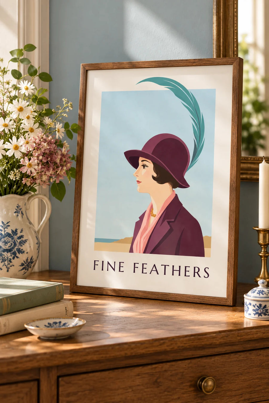 Poster of an elegant woman in a hat with a long feather: small framed A4 size