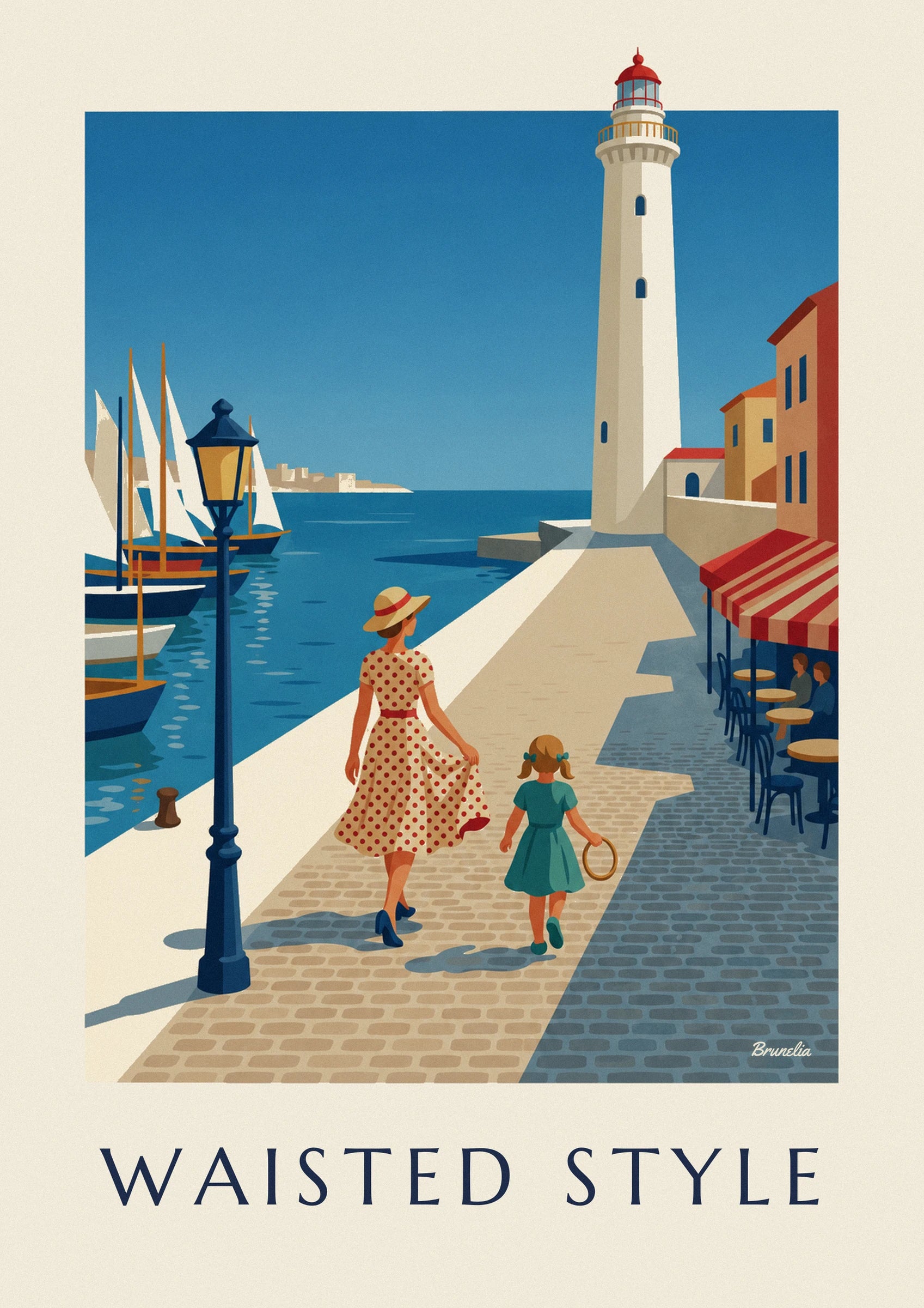 A dark blue lamppost in front of the white sailing boats and their ochre masts in the harbour