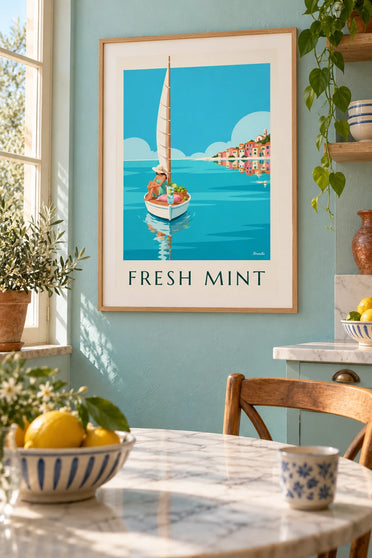 Affiche mojito à bord d'un petit voilier dans une baie turquoise : encadrée au mur