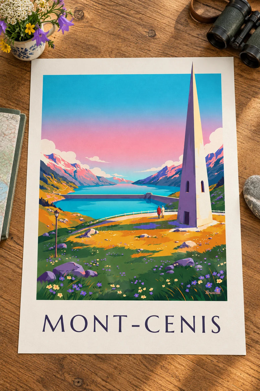 Affiche lac du Mont-Cenis au coucher du soleil : posée sur une table