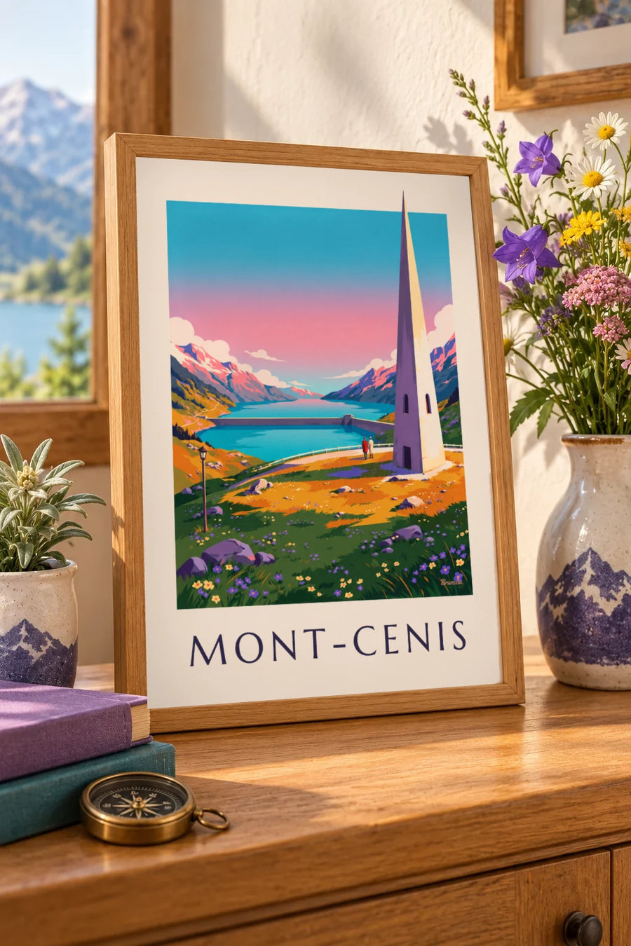 Affiche lac du Mont-Cenis au coucher du soleil : petit format A4 encadré