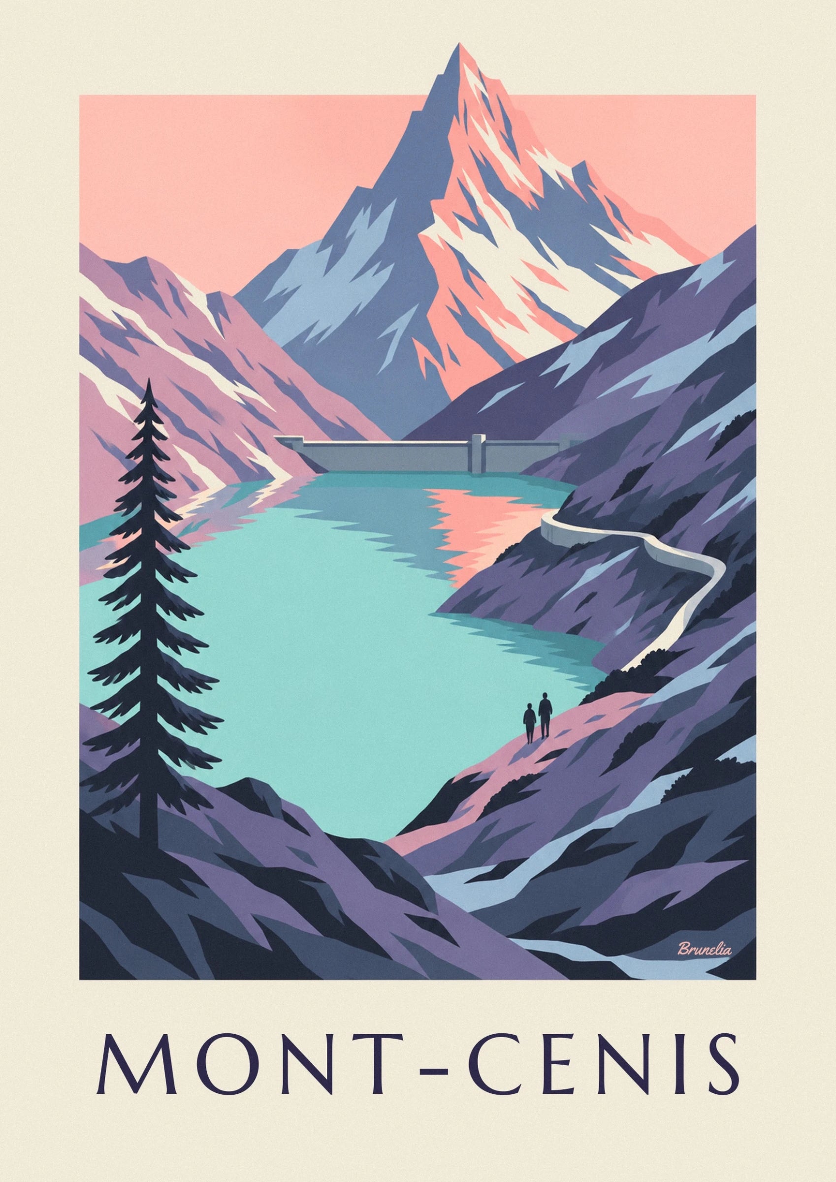Le sommet rose et bleu au-dessus du barrage gris, au bord du lac