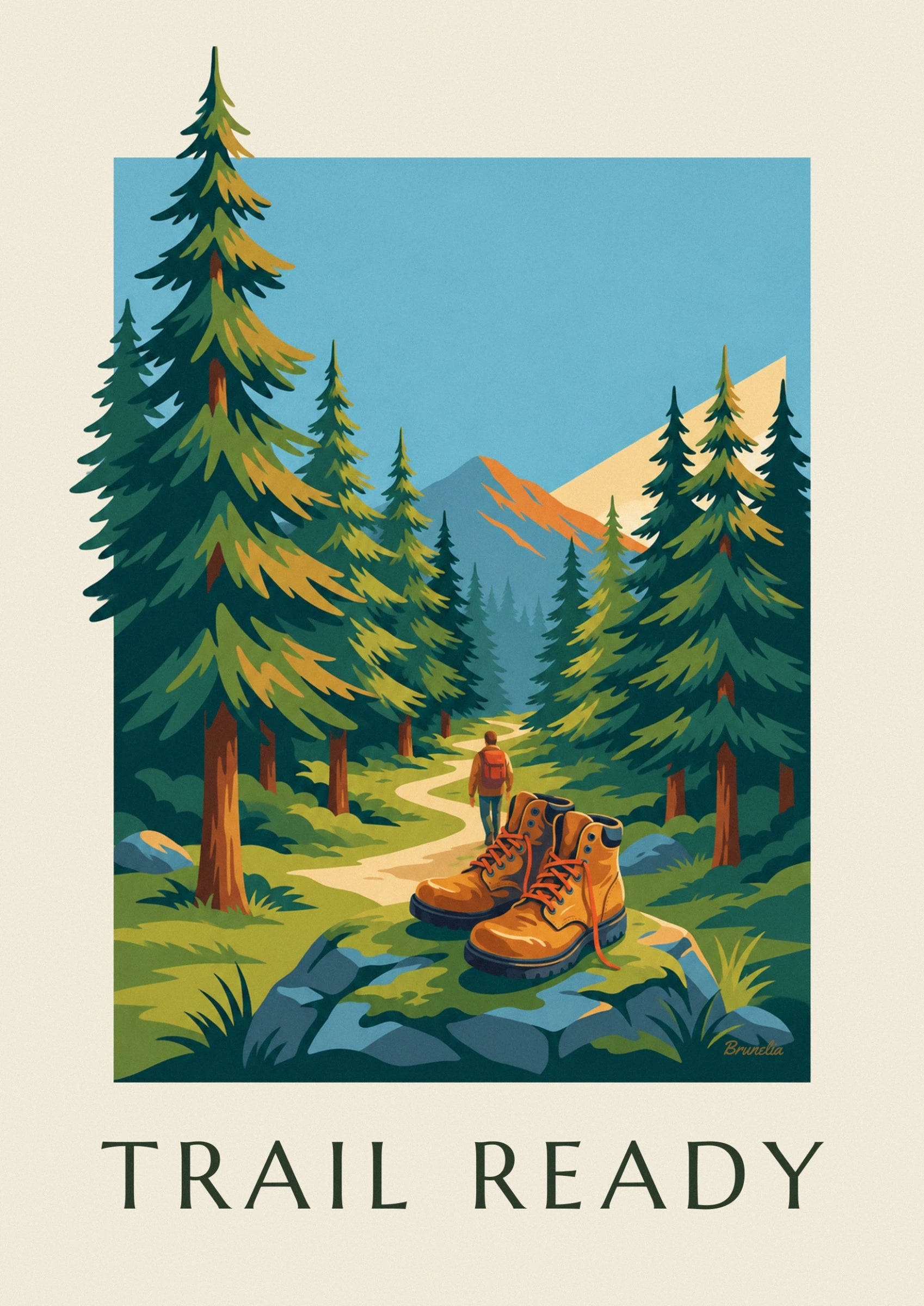 2 orange hiking boots and a walker with a red rucksack on the path