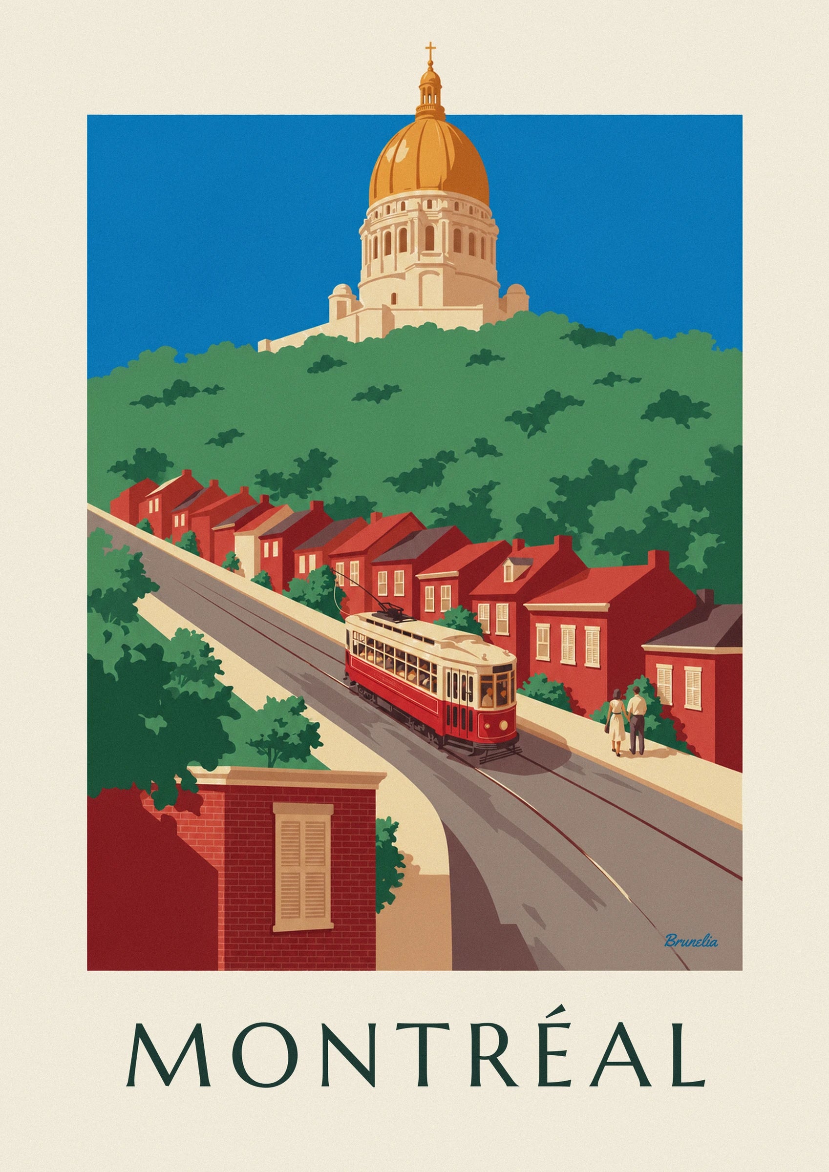 Red and cream tram heading down the street in front of red brick houses