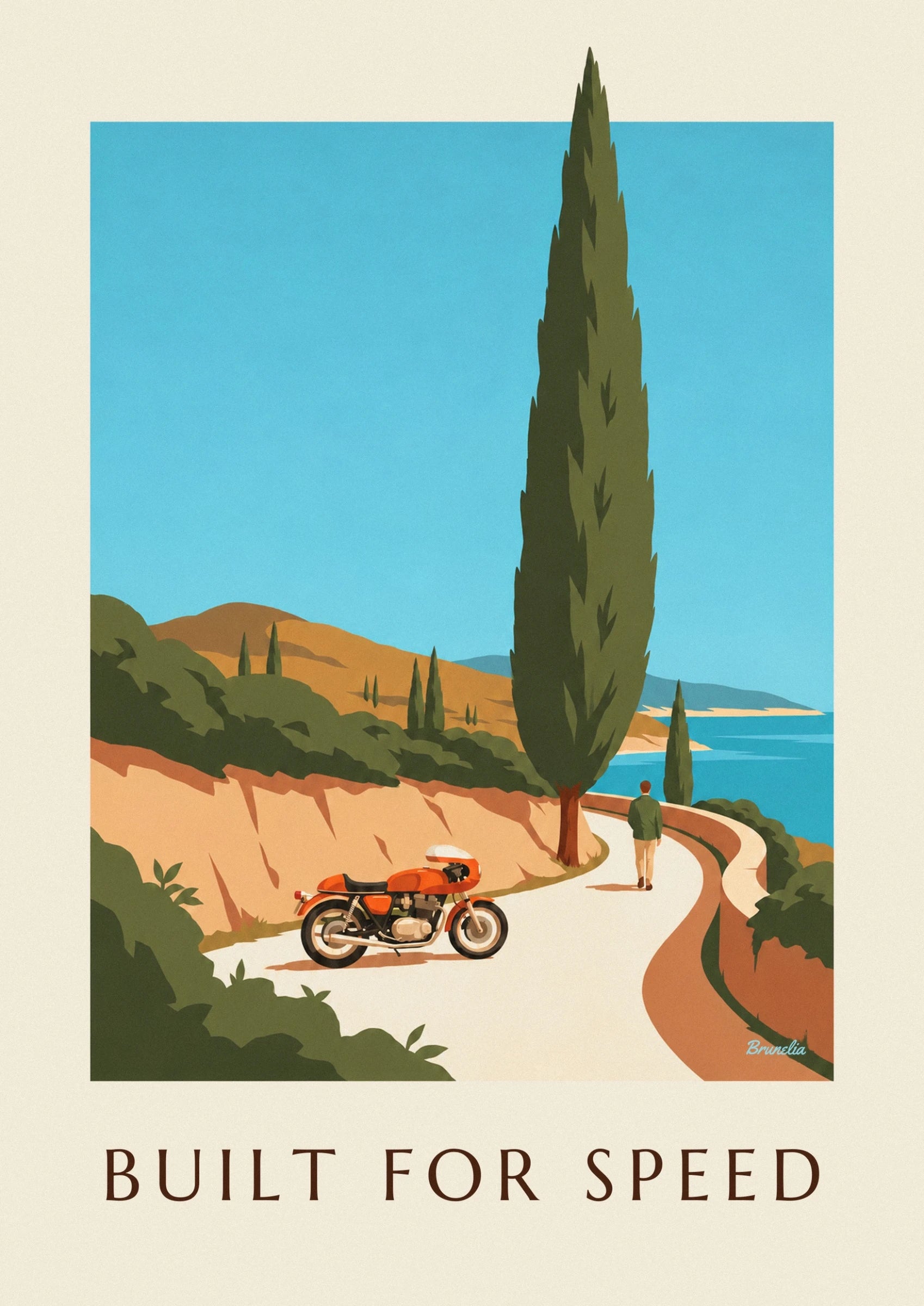 The orange café racer motorbike with its black seat and cream engine on the coastal road
