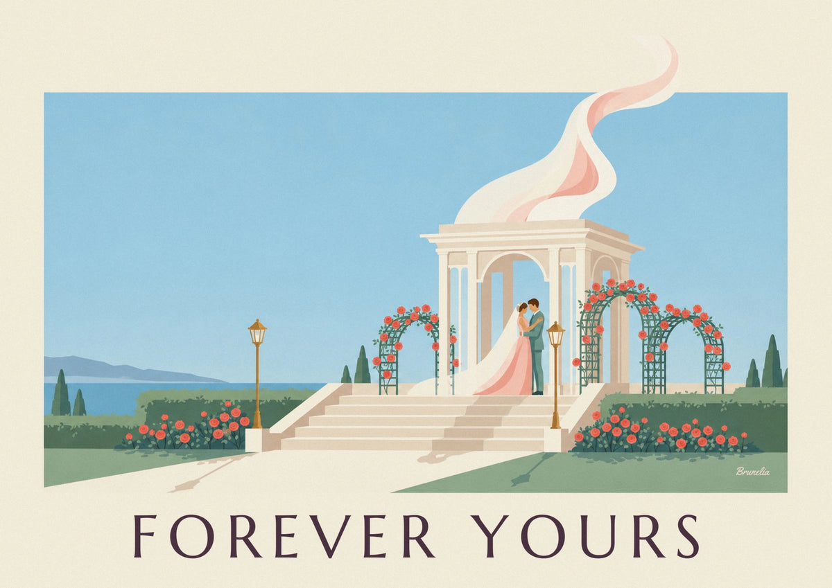 Newlyweds embracing under rose arches poster