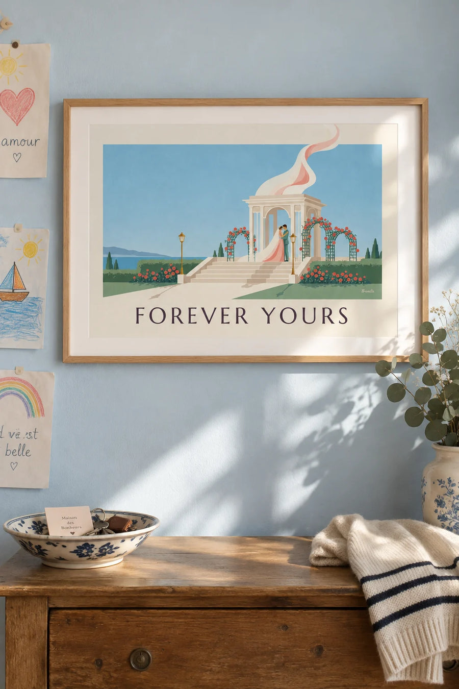 Newlywed couple embracing under rose arches poster: framed on the wall