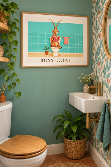 Affiche humoristique chèvre qui lit sur les toilettes : encadrée au mur
