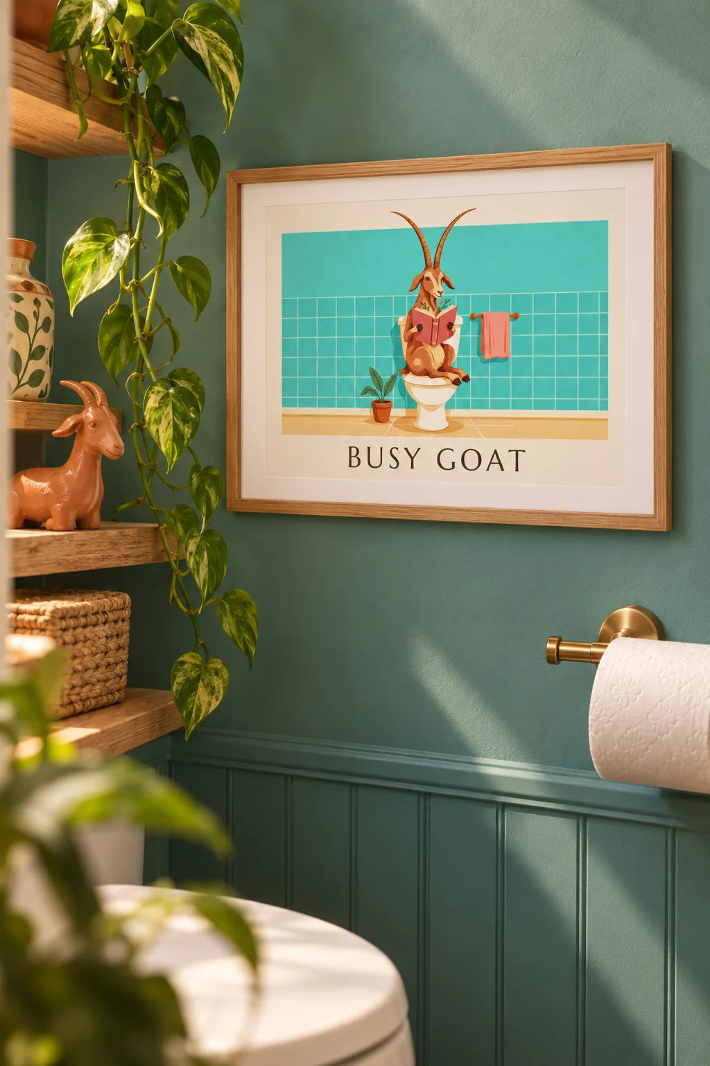 Toilette: ambientazione di Poster divertente capra che legge sul water