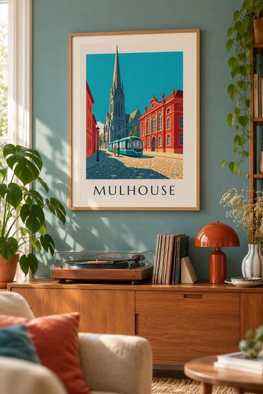 Poster tram e municipio di Mulhouse, place de la Réunion: incorniciato al muro