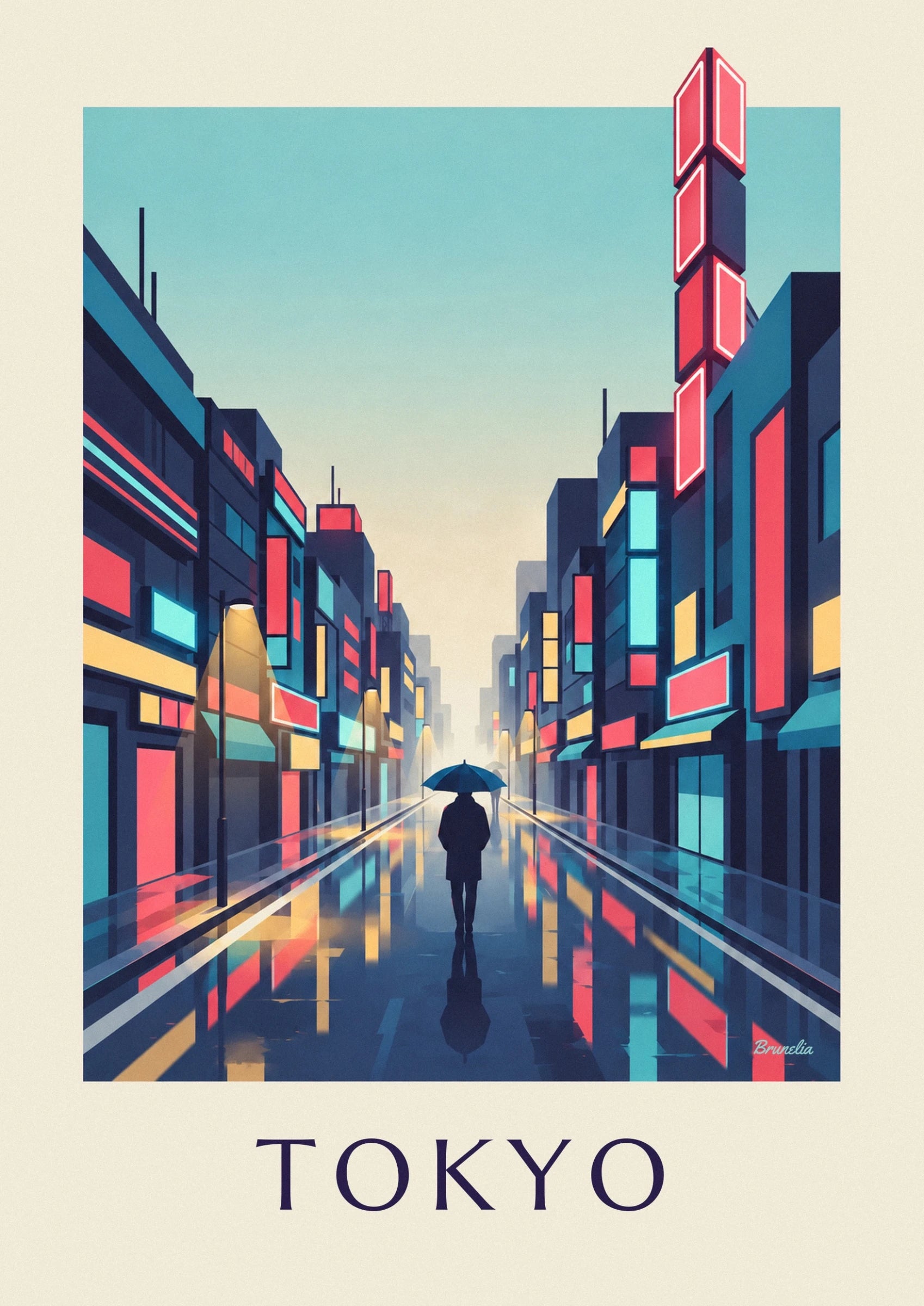 Une silhouette sous un parapluie bleu, au milieu de la rue aux reflets lumineux