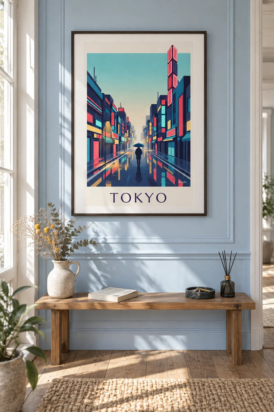Affiche nuit de pluie et néons dans le quartier de Shinjuku à Tokyo : encadrée au mur