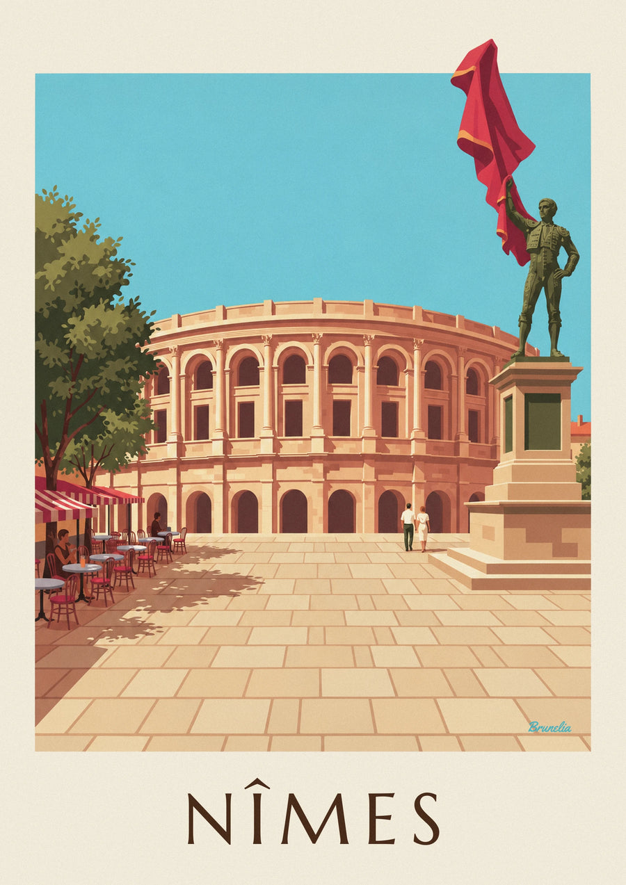 Poster arene di Nîmes e statua di Nimeño II in un giorno di feria