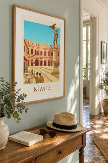 Affiche arènes de Nîmes et statue de Nimeño II un jour de feria : encadrée au mur