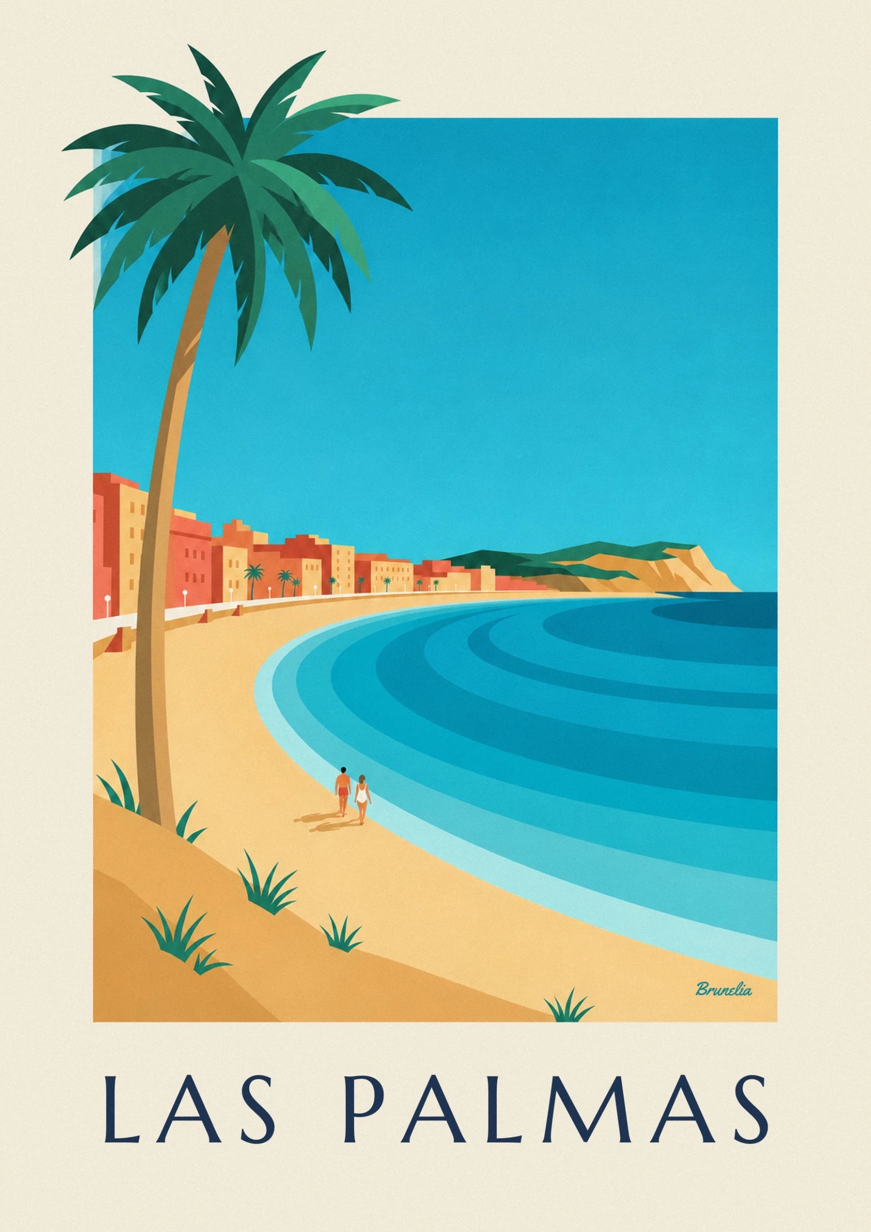 Un palmier au tronc ocre et aux longues palmes vertes sur fond bleu turquoise