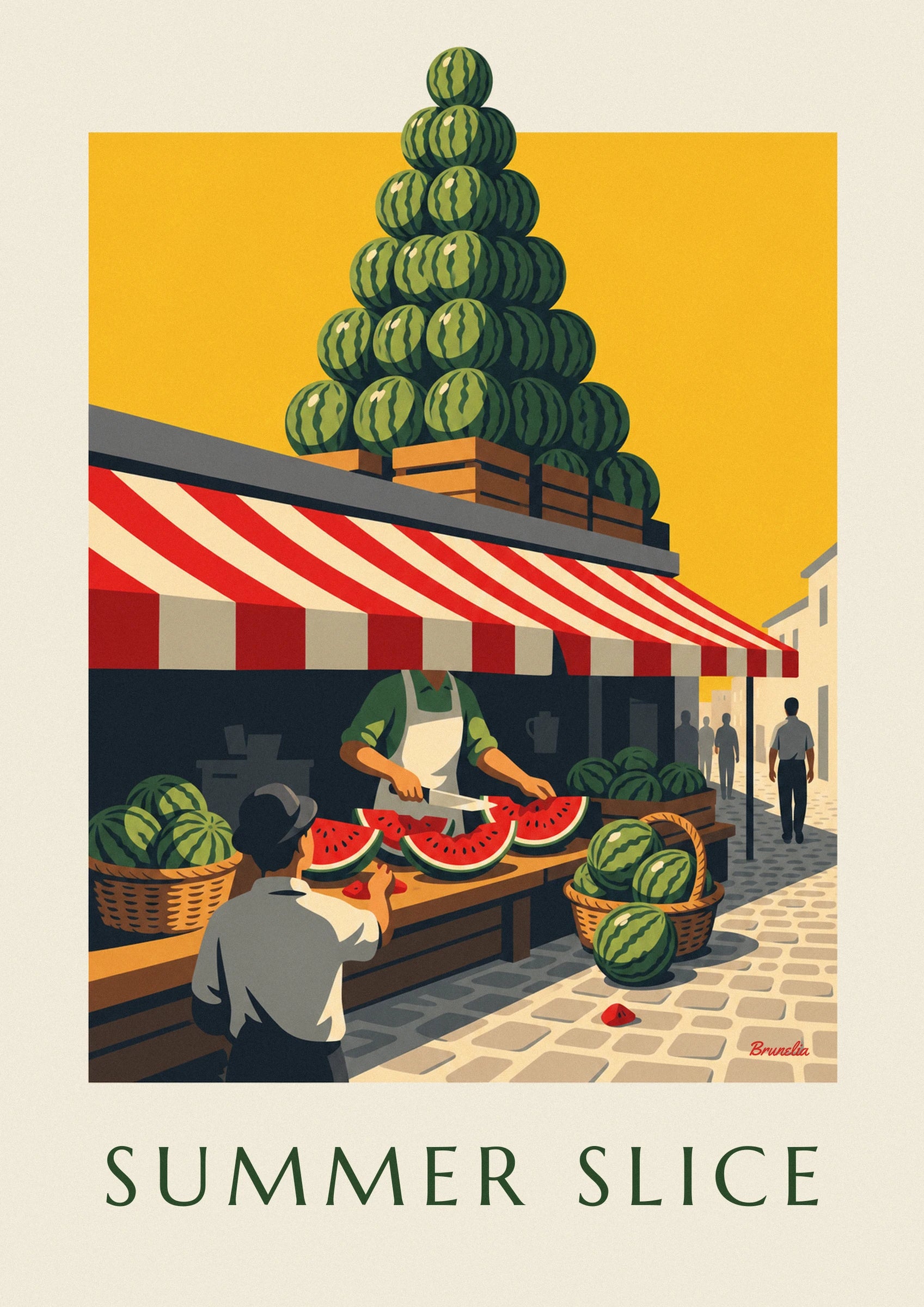 The pyramid of striped green watermelons against the yellow market background