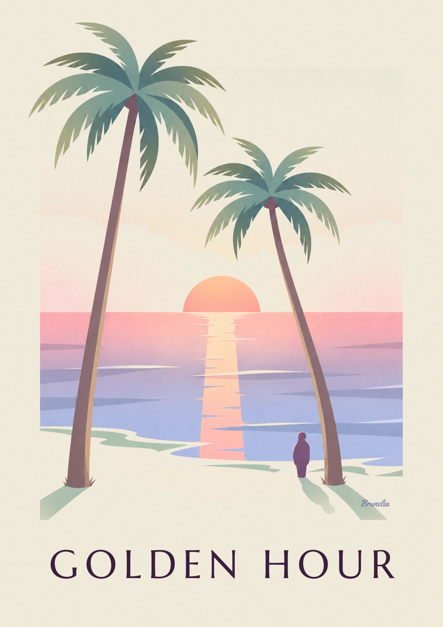 Le soleil orange qui se couche sur la mer rose et violette, son reflet doré sur l'eau