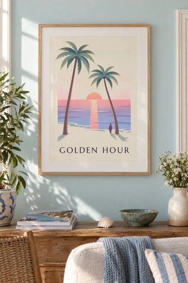 Poster palme al tramonto su una spiaggia tropicale: incorniciato alla parete