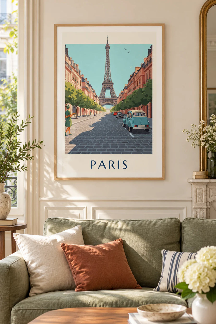Poster blauer Citroën 2CV in einer Kopfsteinpflasterstraße vor dem Eiffelturm: gerahmt an der Wand