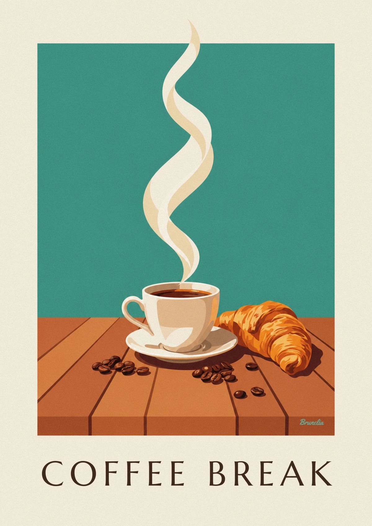 Affiche pause café avec croissant et grains de café sur bois