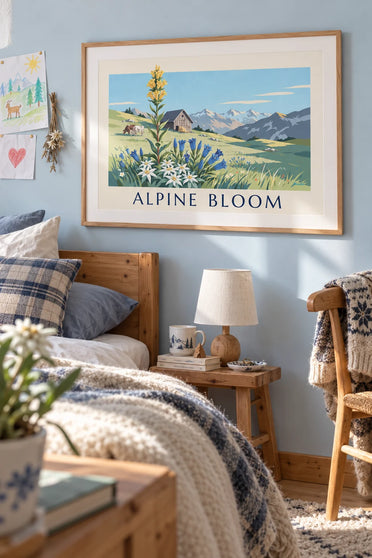 Poster of edelweiss and gentians in an alpine meadow at the foot of the mountains: framed on the wall