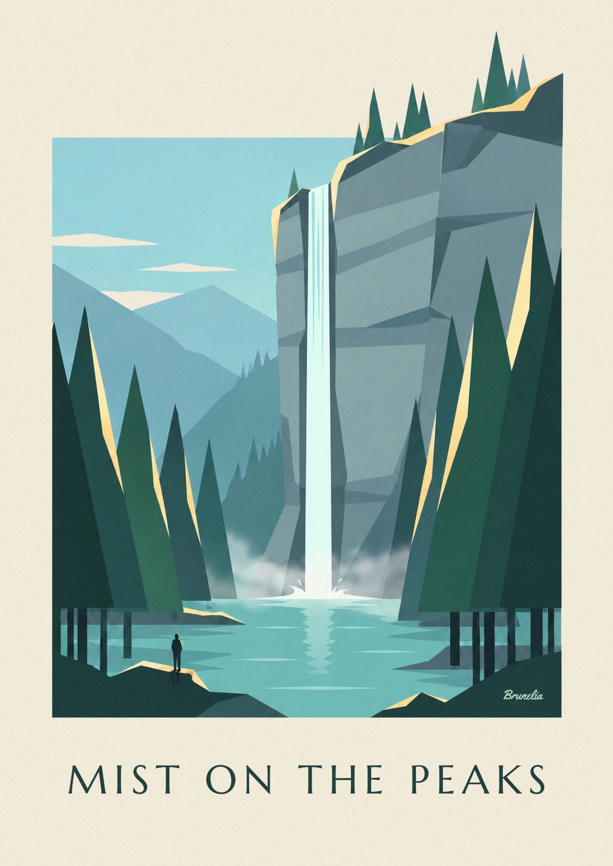 Waterfall in a misty mountain forest poster