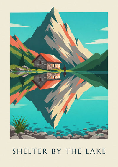 Poster di un rifugio di montagna in pietra in riva a un lago alpino: il poster intero