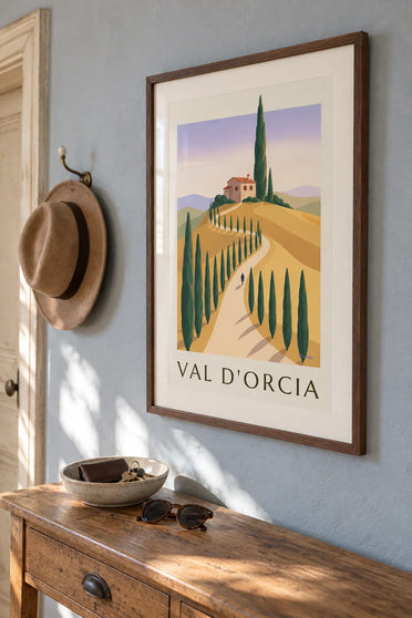 Poster goldene Hügel des Val d'Orcia in der Toskana: gerahmt an der Wand